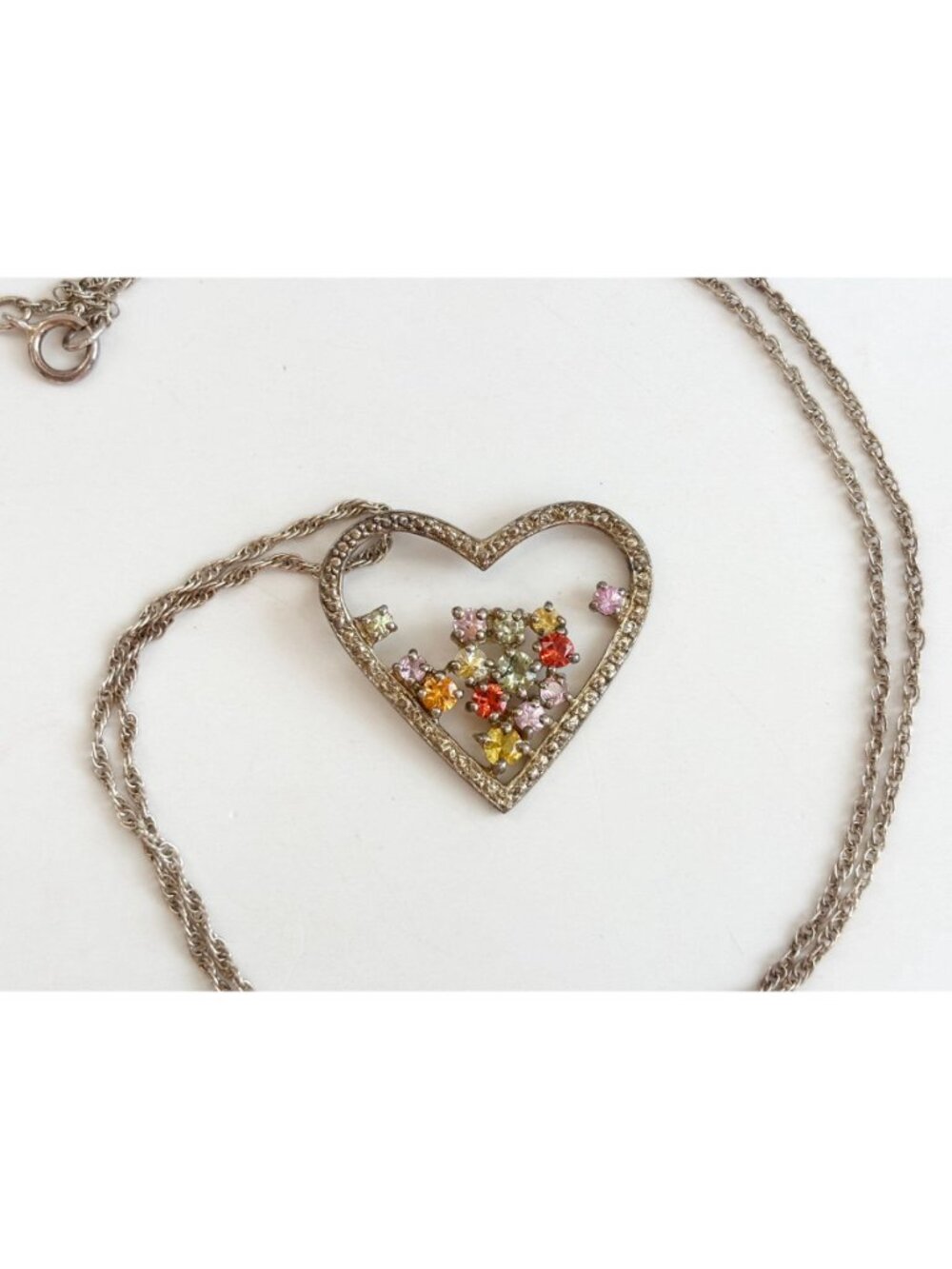 Rainbow Gemstone Heart Shaped Sterling Silver 925 Vintage Pendant Necklace - 18" - Picture 2 of 16